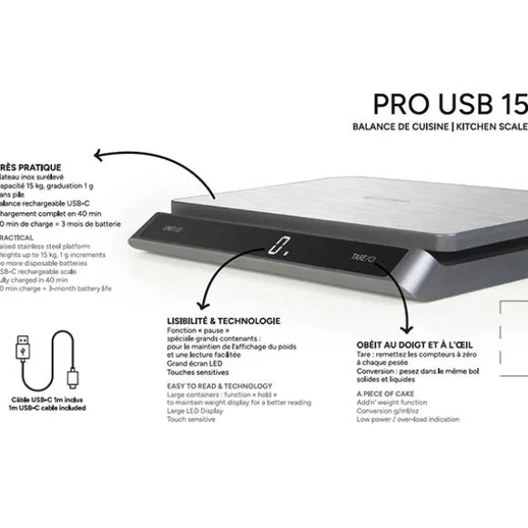 Balance de cuisine digitale inox Pro USB 15 kg Terraillon