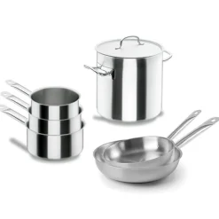 Batterie de cuisine tout inox : 3 casseroles, 2 poêles et 1 marmite Chef Classic Lacor