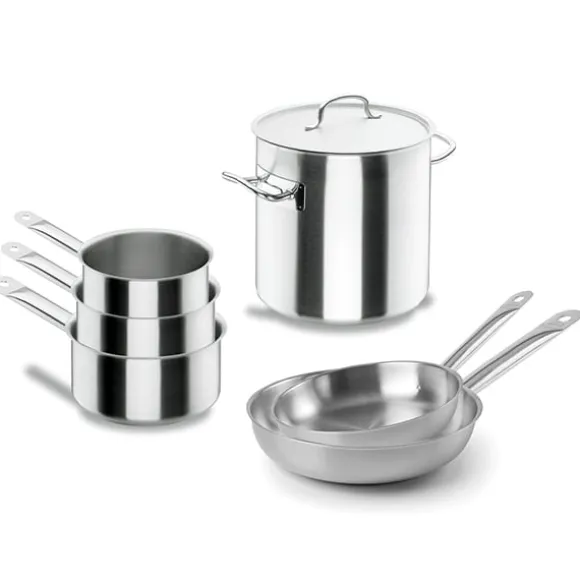Batterie de cuisine tout inox : 3 casseroles, 2 poêles et 1 marmite Chef Classic Lacor