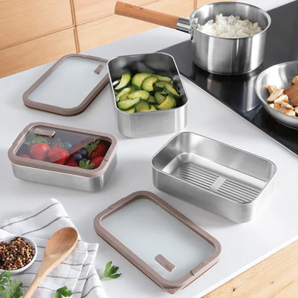 Boîte de conservation rectangulaire en inox avec couvercle en verre 700 ml compatible micro-ondes Mathon