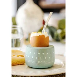 Coffret coquetier et cuillère Piou chevalier vert d’eau Roger Orfèvre
