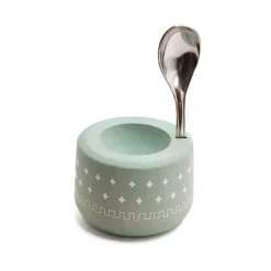 Coffret coquetier et cuillère Piou chevalier vert d’eau Roger Orfèvre