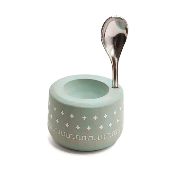 Coffret coquetier et cuillère Piou chevalier vert d’eau Roger Orfèvre