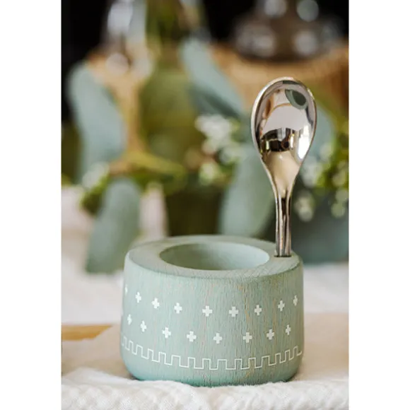 Coffret coquetier et cuillère Piou chevalier vert d’eau Roger Orfèvre