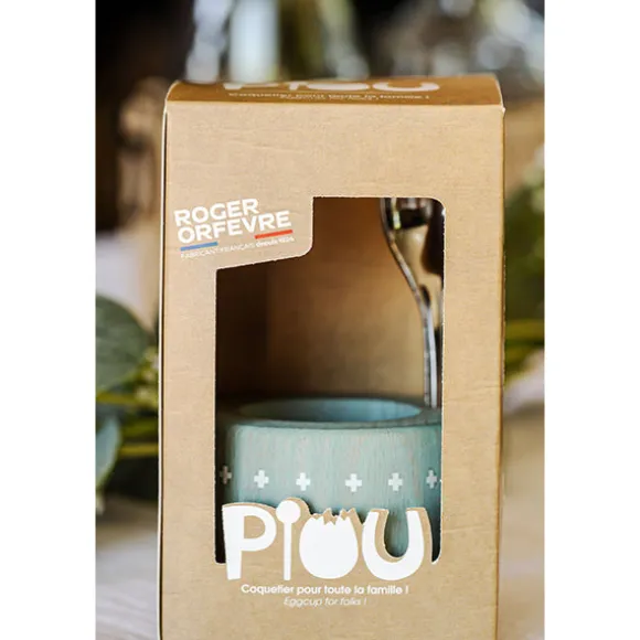 Coffret coquetier et cuillère Piou chevalier vert d’eau Roger Orfèvre