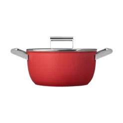 Faitout bas aluminium antiadhésif 24 cm rouge mat avec couvercle verre trempé Smeg