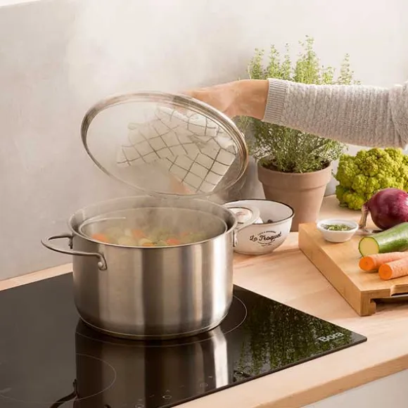 Faitout multifonction cuiseur vapeur et cuit pâtes avec panier passoire rotatif en inox et couvercle en verre 24 cm 6,7 L Mathon