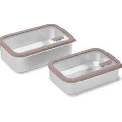 Lot 2 boîtes de conservation rectangulaires en inox avec couvercles en verre 700 ml et 1L compatibles micro-ondes Mathon