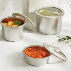 Lot 3 boîtes de conservation rondes en inox avec couvercles en verre 450 ml, 900 ml et 1,5 L compatibles micro-ondes Mathon