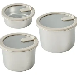 Lot 3 boîtes de conservation rondes en inox avec couvercles en verre 450 ml, 900 ml et 1,5 L compatibles micro-ondes Mathon
