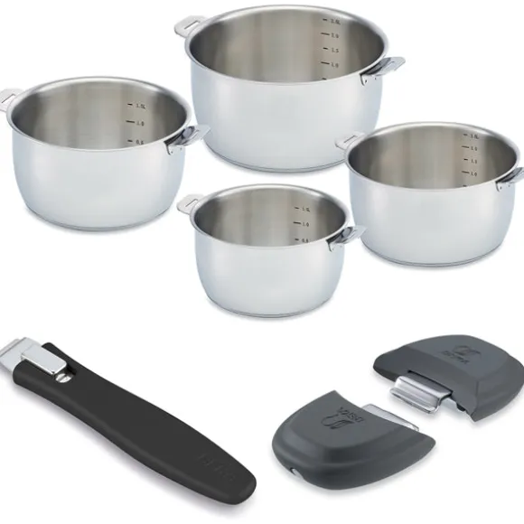 Lot 4 casseroles en inox 14, 16, 18 et 20 cm avec 2 anses amovibles grises Select et manche amovible noir Evolution Clickfix Beka