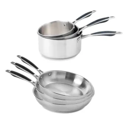 Lot 3 casseroles 16, 18 et 20 cm et 3 poêles 20, 24 et 28 cm tout inox Excell’Inox Mathon