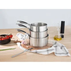 Lot 3 casseroles 16, 18 et 20 cm et 3 poêles 20, 24 et 28 cm tout inox Excell’Inox Mathon