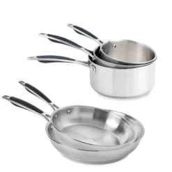 Lot 3 casseroles 16, 18 et 20 cm et 2 poêles 24 et 28 cm tout inox Excell'Inox Mathon