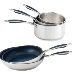 Lot 3 casseroles 16, 18 et 20 cm et 2 poêles 24 et 28 cm Excell'Inox Mathon