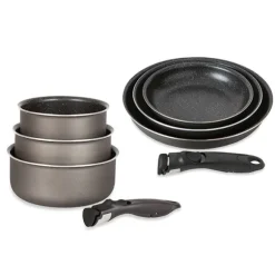 Lot 3 casseroles et 3 poêles anti-adhésives Effet Pierre et 2 manches amovibles Mathon