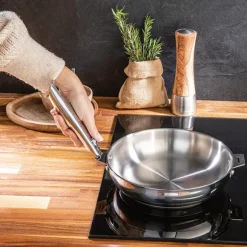 Lot 3 casseroles et 3 poêles tout inox Clips’Inox et 2 manches amovibles Mathon