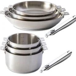 Lot 3 casseroles et 3 poêles tout inox Clips’Inox et 2 manches amovibles Mathon