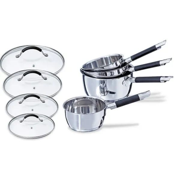 Lot 4 casseroles inox Rapid Cook 14, 16, 18 et 20 cm et 4 couvercles en verre Mathon