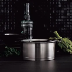 Lot 4 casseroles inox Strate 14, 16, 18 et 20 cm et manche amovible Cristel
