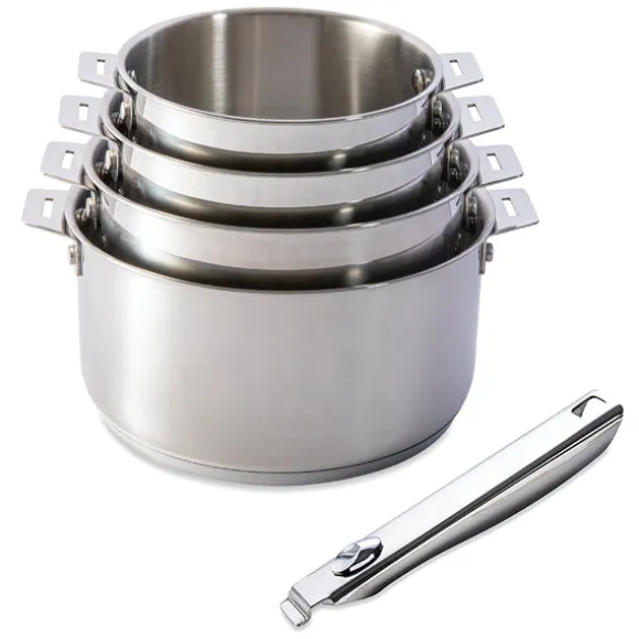 Lot 4 casseroles tout inox Clips’Inox 14, 16, 18 et 20 cm et manche amovible Mathon