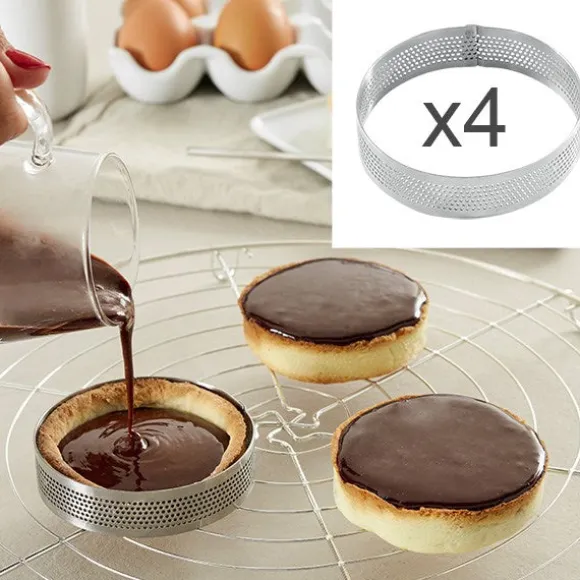 Lot 4 cercles à tarte perforés en inox rond 8 cm Mathon