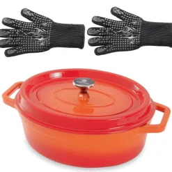 Lot cocotte en fonte ovale orange 33 cm 6 L et 2 gants anti-chaleur grand modèle (taille 10) Mathon