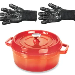 Lot cocotte en fonte ronde orange 28 cm 5,6 L et 2 gants anti-chaleur grand modèle (taille 10) Mathon