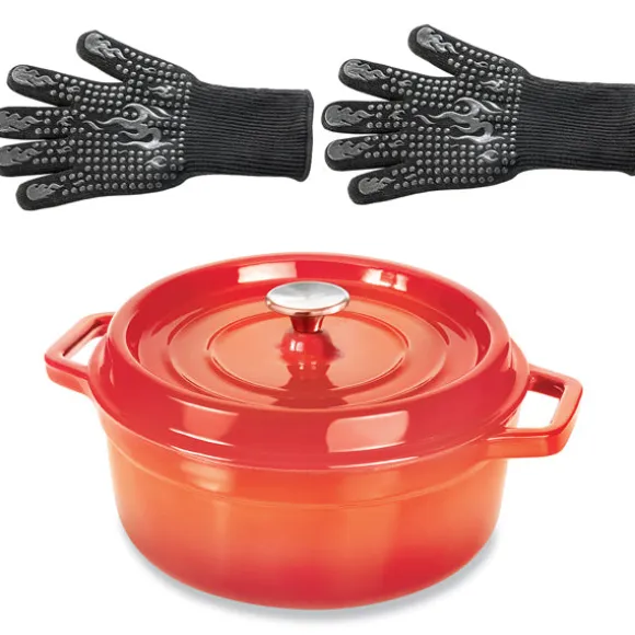 Lot cocotte en fonte ronde orange 28 cm 5,6 L et 2 gants anti-chaleur grand modèle (taille 10) Mathon