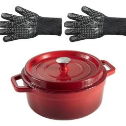 Lot cocotte en fonte ronde rouge 28 cm 5,6 L et 2 gants anti-chaleur grand modèle (taille 10) Mathon