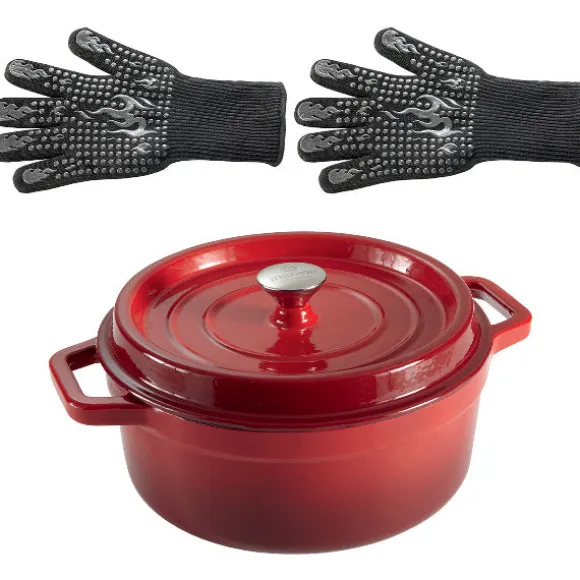 Lot cocotte en fonte ronde rouge 28 cm 5,6 L et 2 gants anti-chaleur grand modèle (taille 10) Mathon