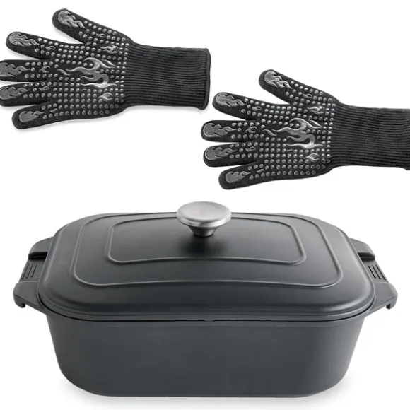 Lot cocotte légère rectangulaire 7,7 L en fonte d’aluminium 34,5 cm et 2 gants antichaleur grand modèle Mathon