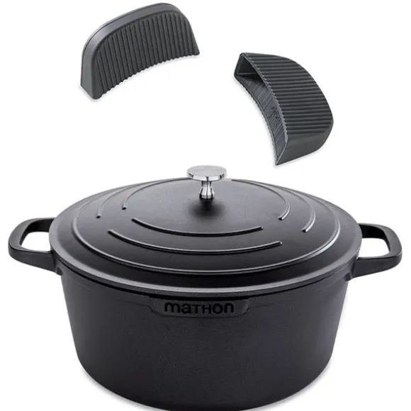 Lot cocotte légère ronde en fonte d'aluminium 28 cm 6,7 L et deux maniques en silicone Mathon