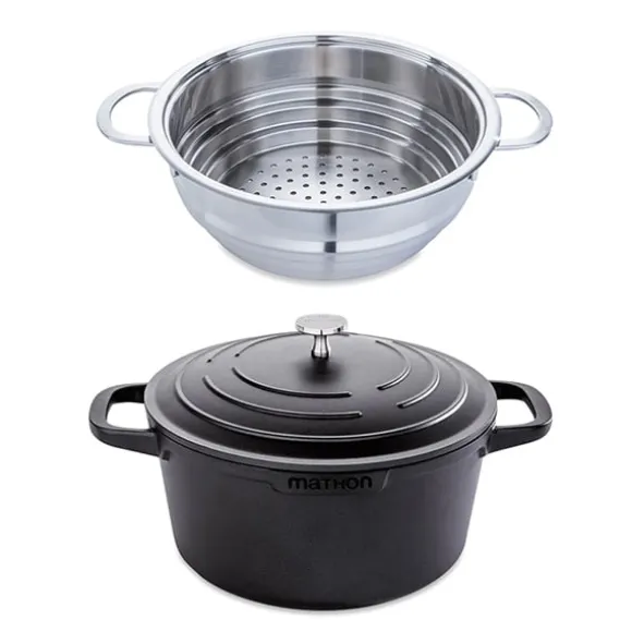 Lot cocotte légère ronde fonte aluminium 24 cm 4,5 L et panier vapeur multidiamètre Mathon