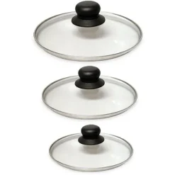 Lot 3 couvercles en verre cerclés inox 16, 18 et 20 cm