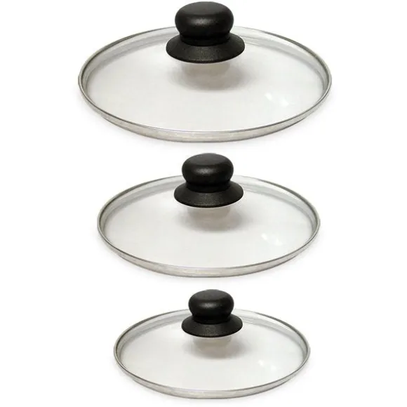 Lot 3 couvercles en verre cerclés inox 16, 18 et 20 cm