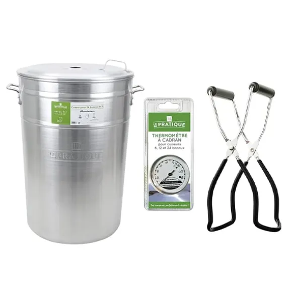 Lot cuiseur 90 L 24 bocaux avec thermomètre à cadran et pince à bocal