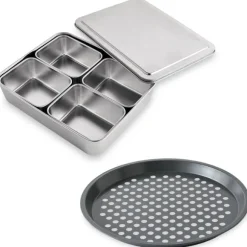 Lot de 5 bacs de préparation culinaire en inox et d’un moule à pizza perforé en acier antiadhérent 29,5 cm Mathon