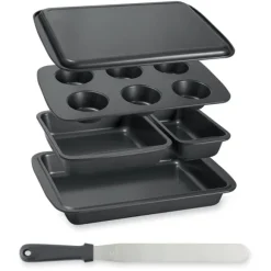 Lot de 5 moules à gâteau empilables en acier antiadhérent et d’un couteau à génoise spatule à glaçage Mathon