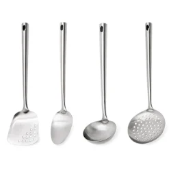 Lot de 4 ustensiles avec louche, cuillère, spatule, écumoire et d’un fouet magique à spirale 30 cm en inox Mathon