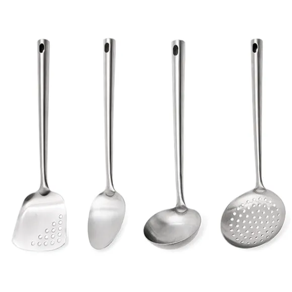 Lot de 4 ustensiles avec louche, cuillère, spatule, écumoire et d’un fouet magique à spirale 30 cm en inox Mathon