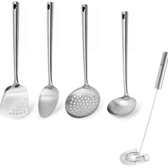 Lot de 4 ustensiles avec louche, cuillère, spatule, écumoire et d’un fouet magique à spirale 30 cm en inox Mathon