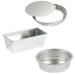 Lot moule à cake rectangulaire, moule rond 28 cm et tourtière 32 cm en fer blanc Gobel
