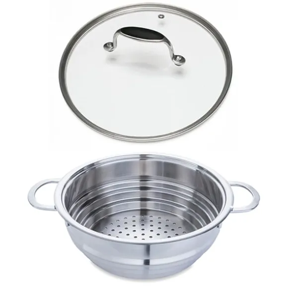 Lot panier vapeur multidiamètre et couvercle en verre Excell'Inox 24 cm Mathon