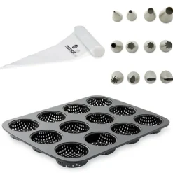 Lot plaque 12 mignardises micro-perforée en acier antiadhérent 29 x 22 cm avec rouleau de 24 poches pâtissières jetables et coffret de 12 douilles inox Mathon