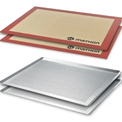 Lot 2 plaques à pâtisserie micro-perforée en aluminium et 2 tapis de cuisson en silicone et fibre de verre professionnels 40 cm Mathon