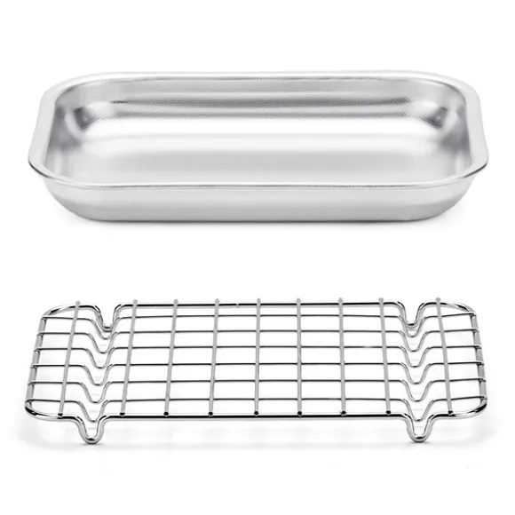 Lot plat à four rectangulaire bas 30 cm et grille 28 cm en acier inoxydable Steel Pan