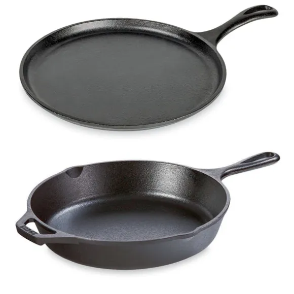 Lot 1 poêle avec poignées et 1 crêpière en fonte 26 cm Lodge