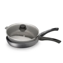 Lot poêle et sauteuse revêtement Dur comme la pierre 24 cm et couvercle en verre Mathon