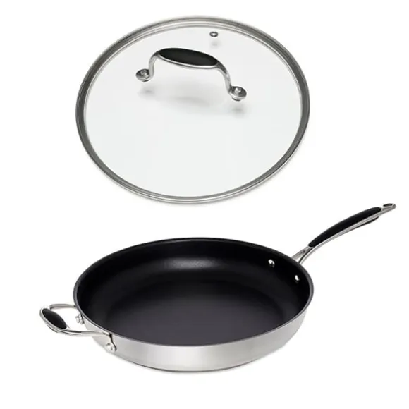 Lot poêle inox antiadhérent et couvercle verre 32 cm Excell'Inox Mathon